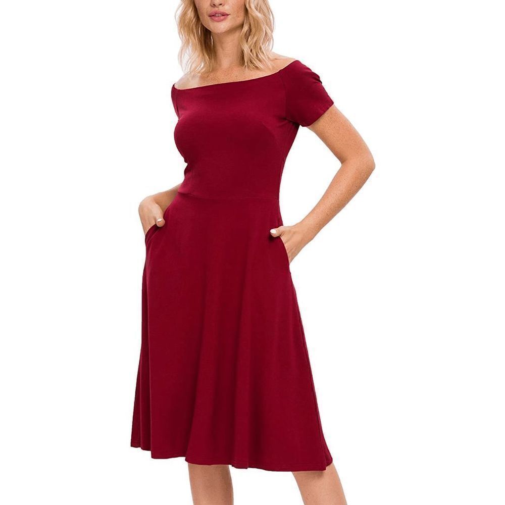 ❤️ Off Shoulder Short Sleeve Cocktail Burgundy Dress with Pockets SIZES M, L NEW